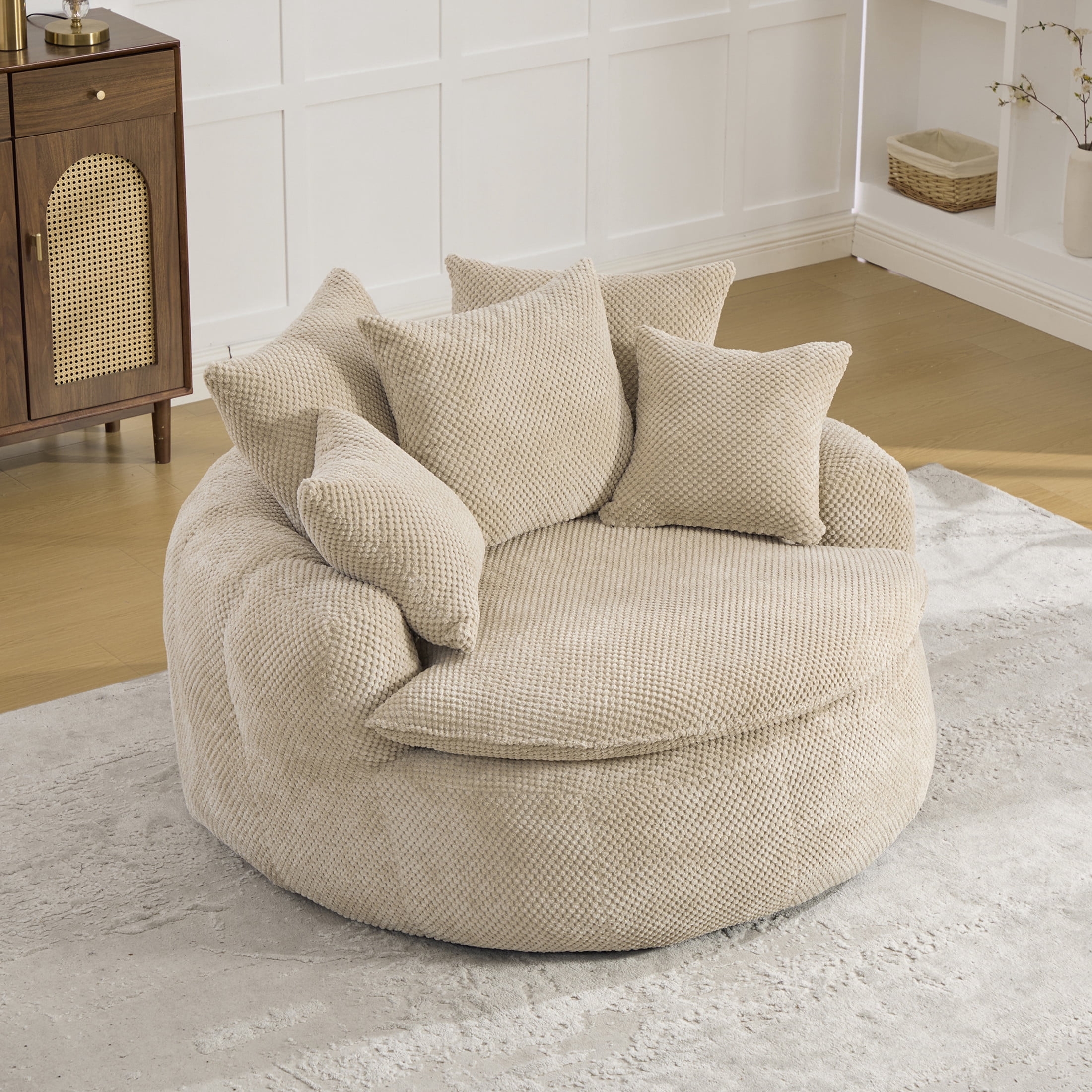 GDF Studio 53.15-Inch Oversized Pumpkin-Shaped Lounge Chair with Pineapple Lattice Fabric, Taupe