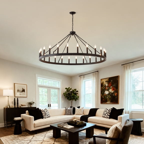 GDF Studio 53" Farmhouse Wagon Wheel Chandelier, 24-Light Adjustable Chain Ceiling Light, Matte Black