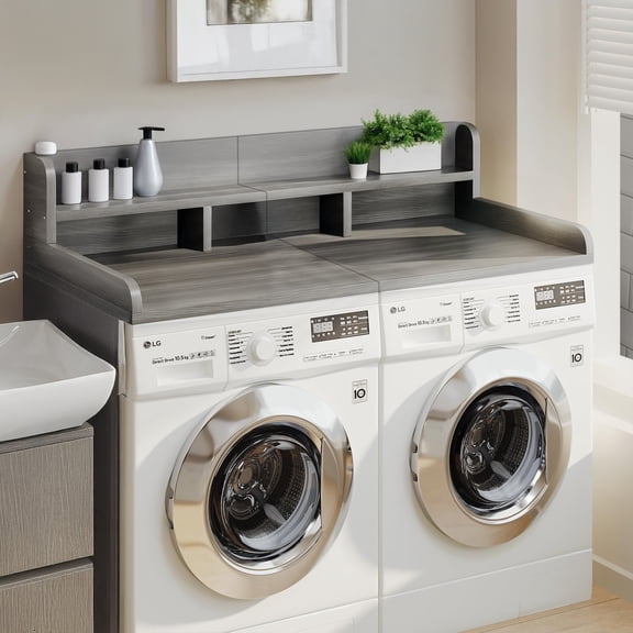 GDF Studio 54" Washer Dryer Countertop Organizer, Spacious Double Layer Wooden Laundry Shelf, Gray & White Matte