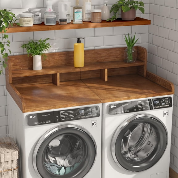 GDF Studio 54" Washer Dryer Countertop Organizer, Spacious Double Layer Wooden Laundry Shelf, Walnut