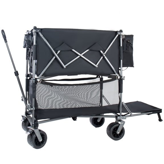 GDF Studio 55" Double Decker Collapsible Wagon with Brakes, Heavy Duty All-Terrain Camping Utility Cart, Black