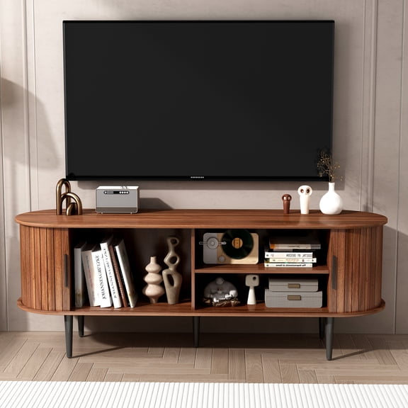 GDF Studio 55" Modern TV Stand with Sliding Fluted Door, Gaming Entertainment Center Console Table, Living Room, Walnut