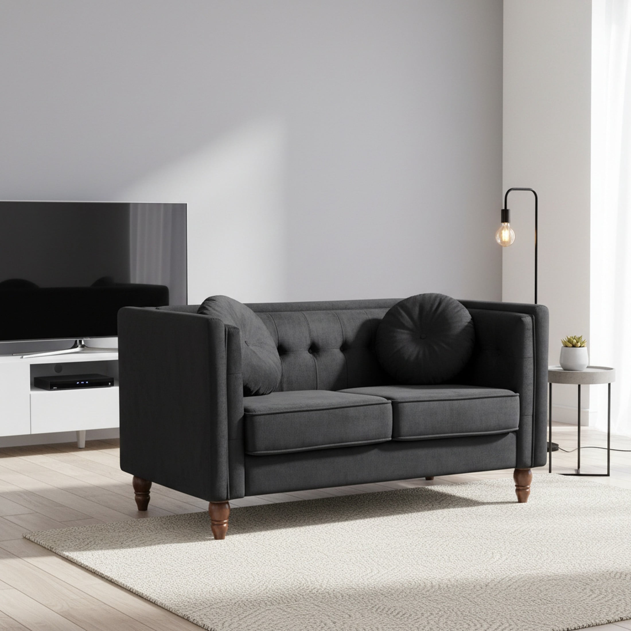 GDF Studio 58.3" Loveseat with Button-Tufted Crushed Velvet Upholstery & Tapered Wood Legs, Black