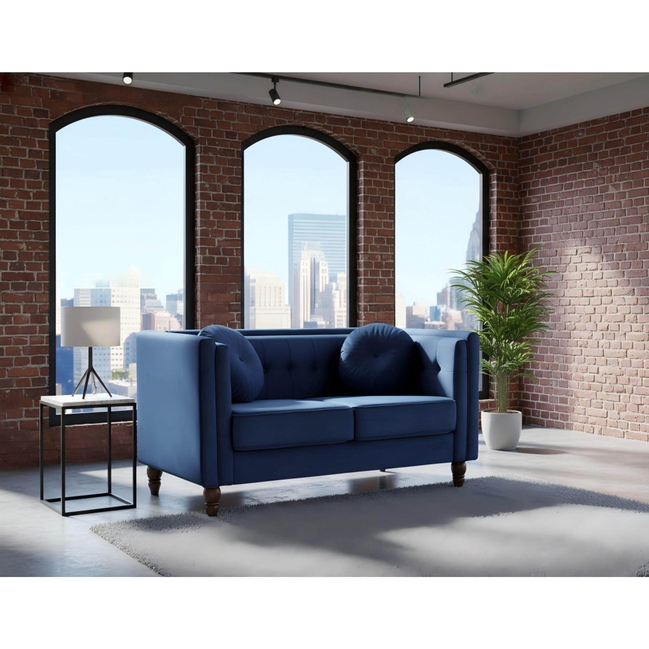 GDF Studio 58.3" Loveseat with Button-Tufted Crushed Velvet Upholstery & Tapered Wood Legs, Deep Blue