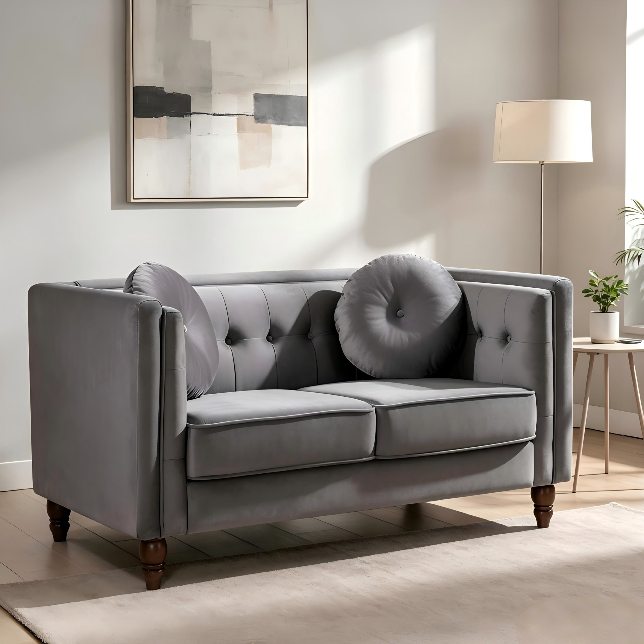 GDF Studio 58.3" Loveseat with Button-Tufted Crushed Velvet Upholstery & Tapered Wood Legs, Gray