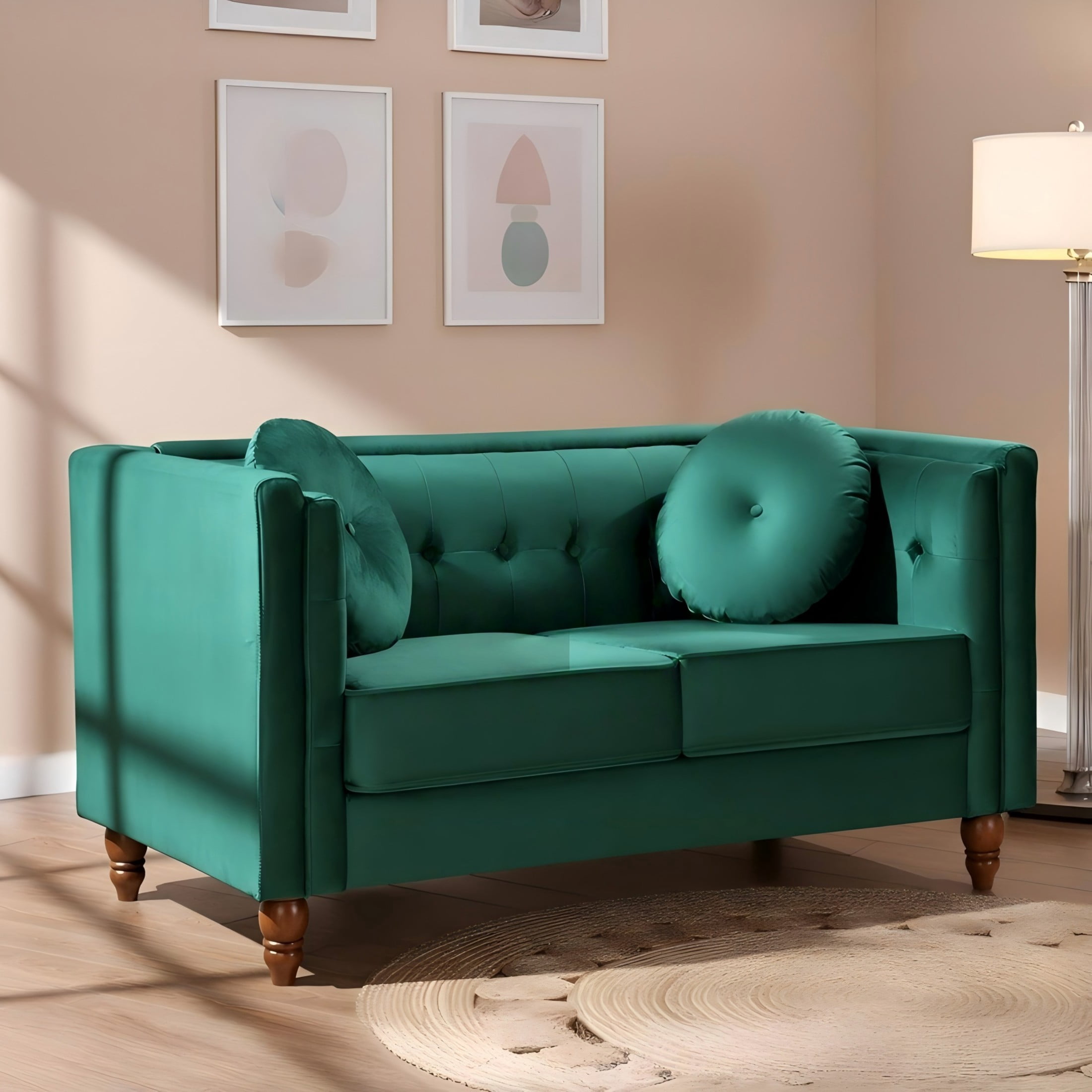 GDF Studio 58.3" Loveseat with Button-Tufted Crushed Velvet Upholstery & Tapered Wood Legs, Green