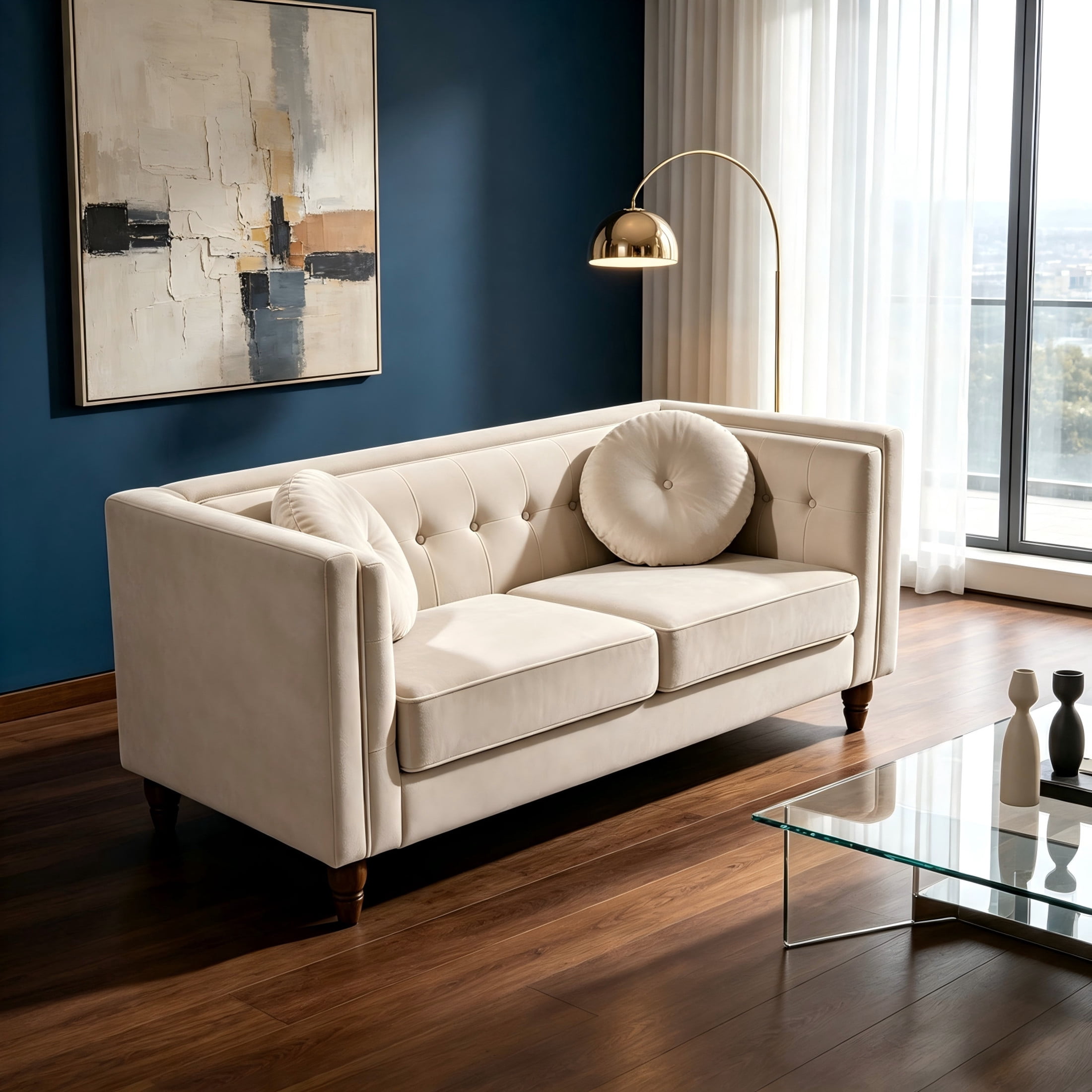 GDF Studio 58.3" Loveseat with Button-Tufted Crushed Velvet Upholstery & Tapered Wood Legs, Ivory