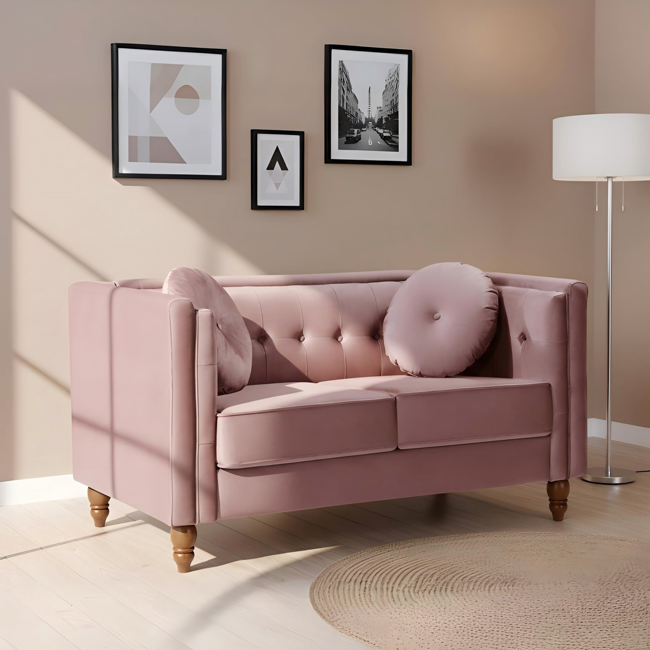 GDF Studio 58.3" Loveseat with Button-Tufted Crushed Velvet Upholstery & Tapered Wood Legs, Rose