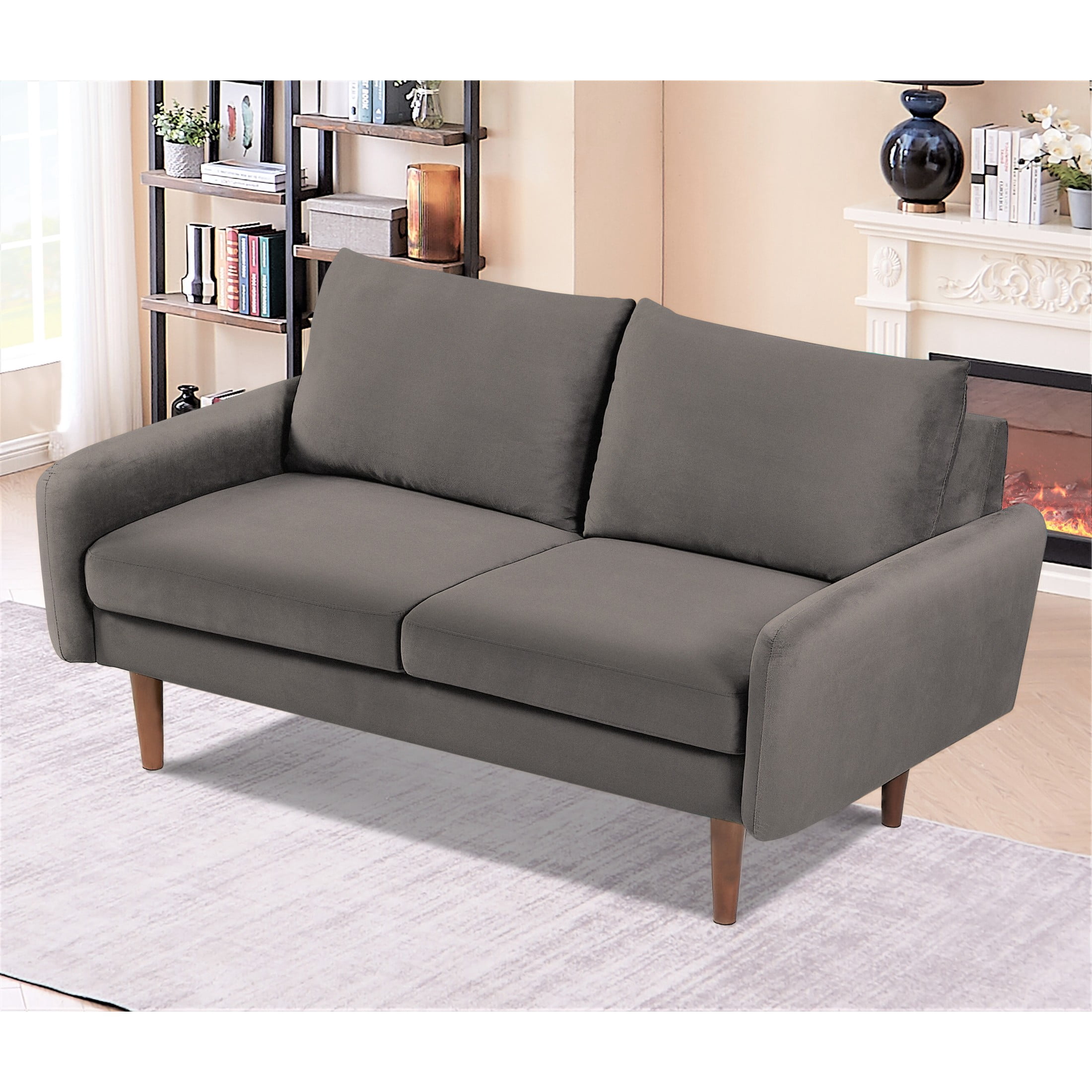 GDF Studio 58" European Modern Loveseat 2-Seater Sofa with Velvet Upholstery, Tapered Wood Legs, Gray