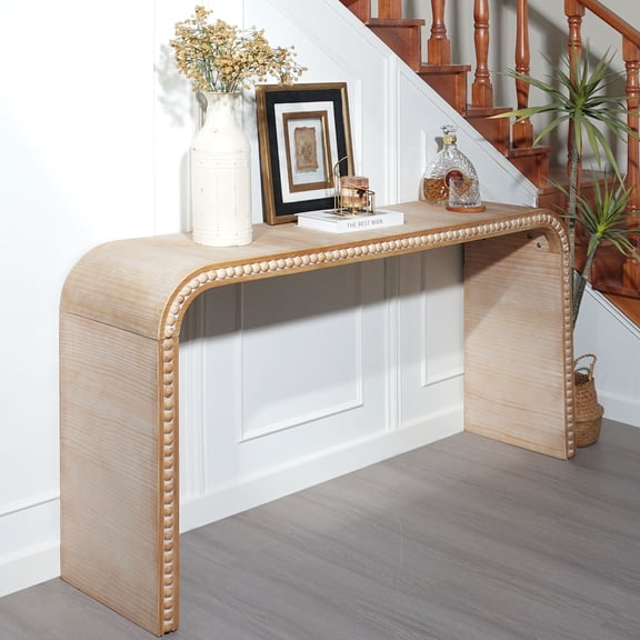 GDF Studio 59" Console Table with Curved Waterfall Design, Beaded Trim, Natural