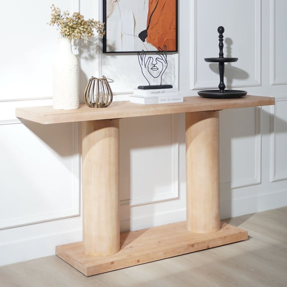 GDF Studio 59" Minimalist Console Table with Column Pedestal Base, Wooden Entryway Table, Natural
