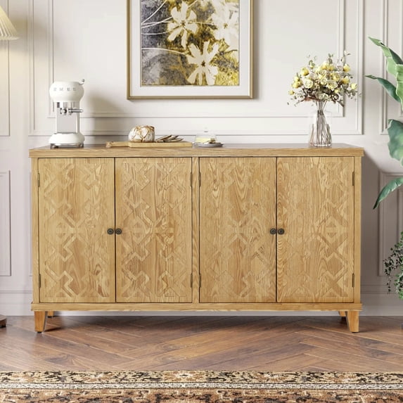 GDF Studio 59" Vintage Brown Accent Cabinet, 4-Door Carved Wood Buffet Media Console, Living Room, Natural
