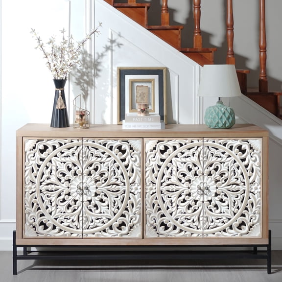 GDF Studio 59" Vintage Carved Wood 4-Door Accent Cabinet, Storage Sideboard with Metal Base