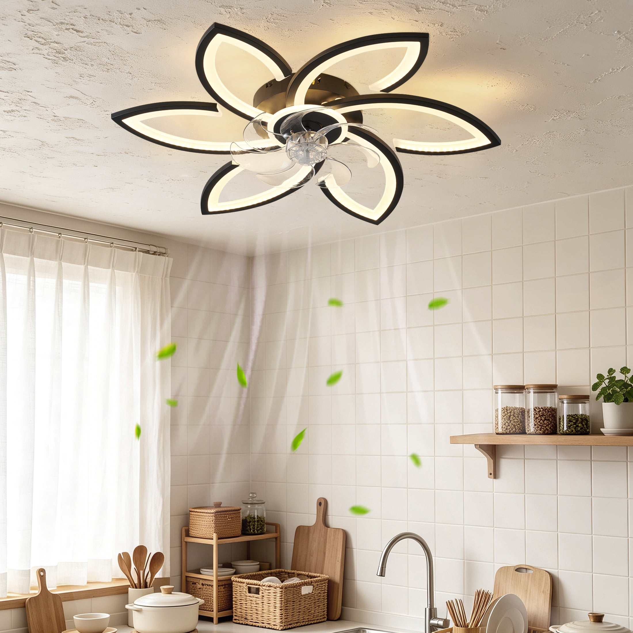 GDF Studio 6-Head Flower Ceiling Fan with LED Lights, Remote & App Control, Low Profile Fandelier for Home Decor, Black