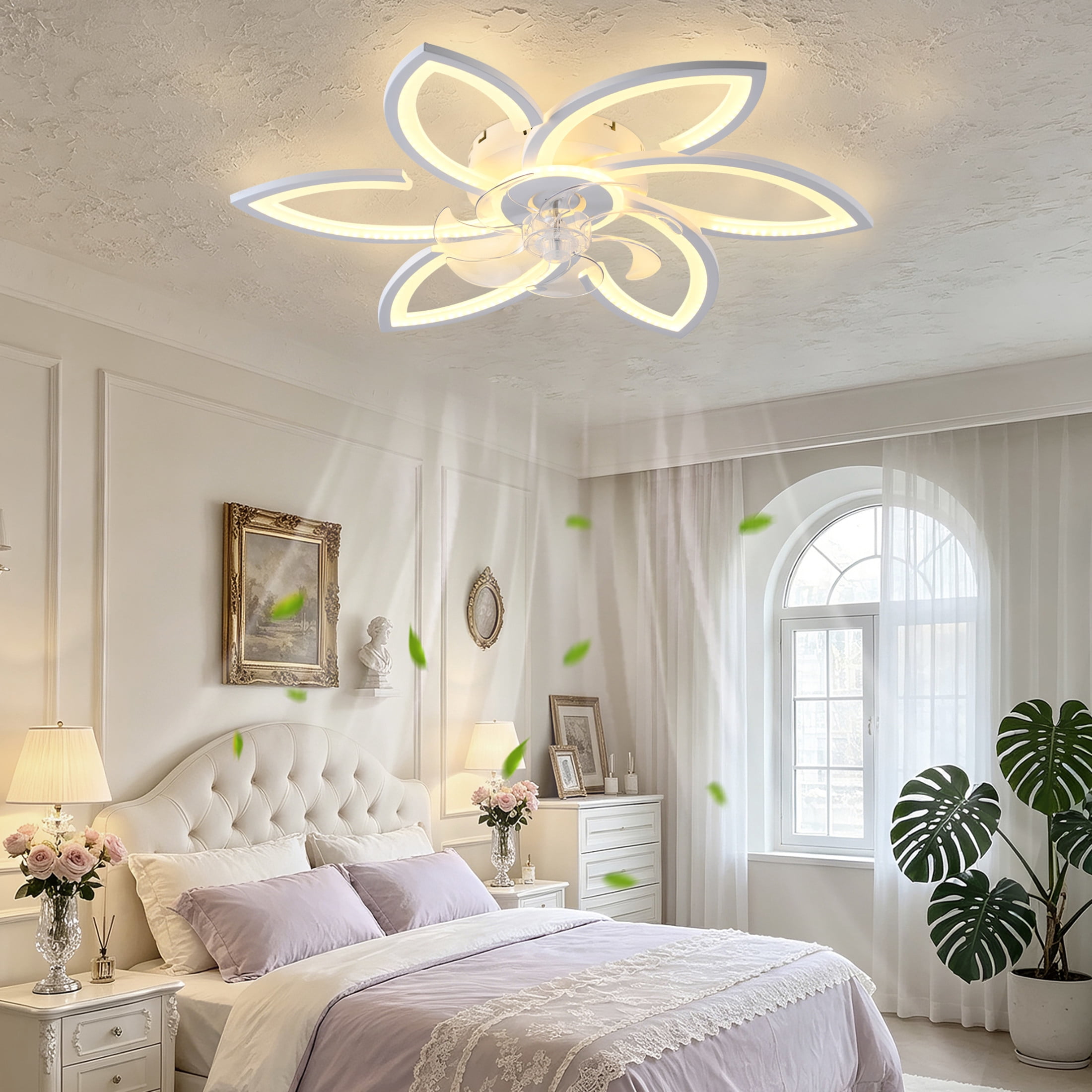 GDF Studio 6-Head Flower Ceiling Fan with LED Lights, Remote & App Control, Low Profile Fandelier for Home Decor, Black