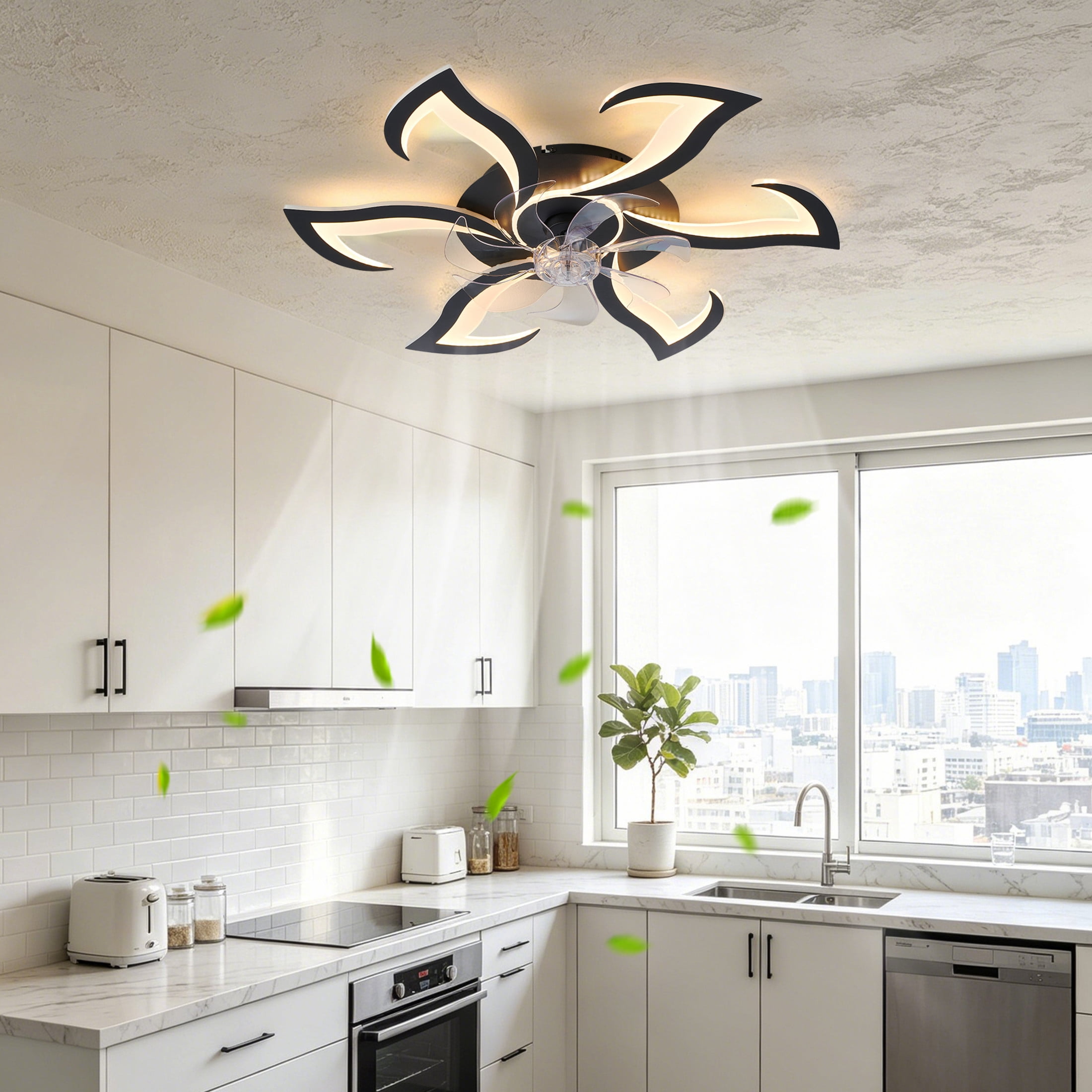 GDF Studio 6-Head Flower Modern Ceiling Fan with LED Lights & Remote Control, Low Profile Flush Mount Fandelier, Black