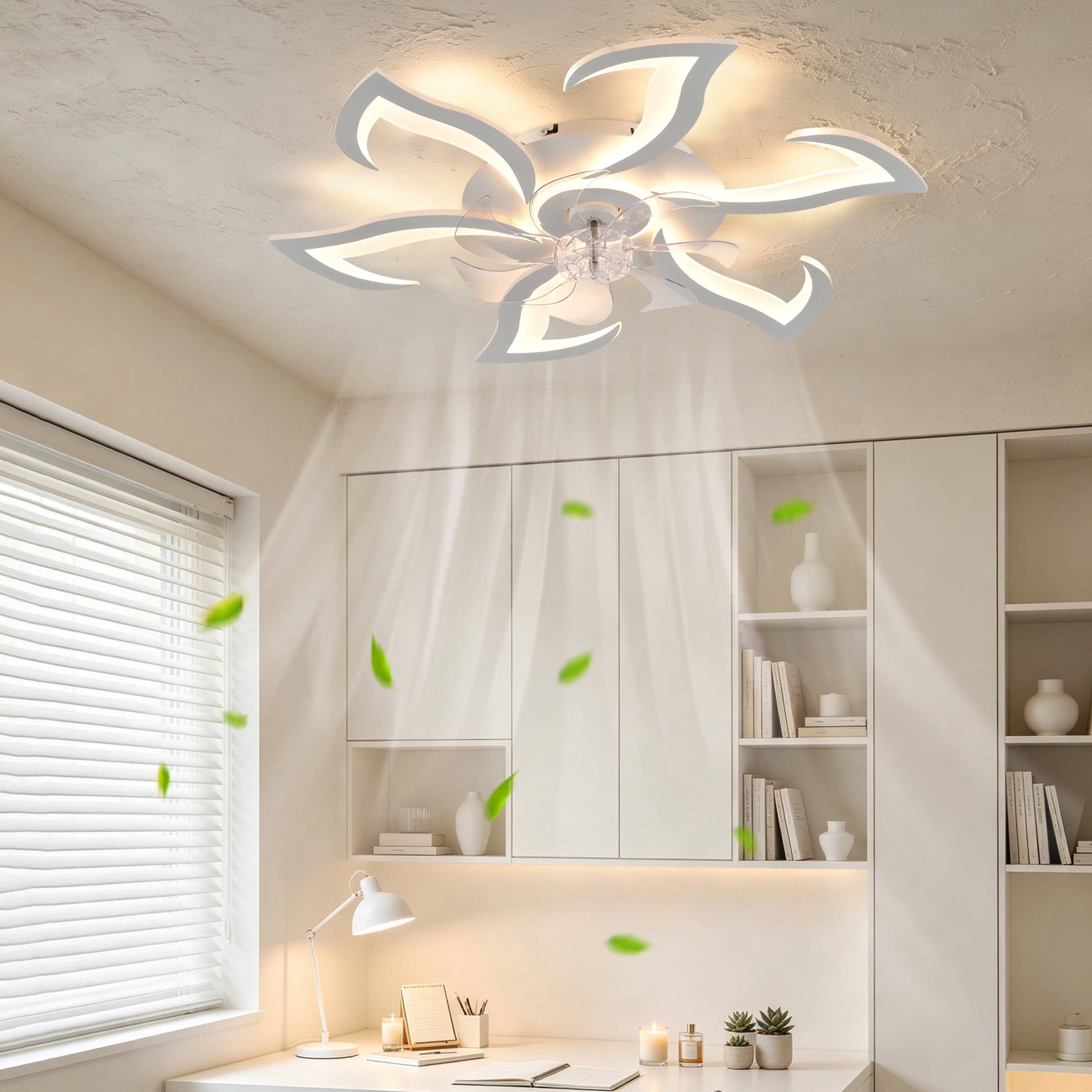 GDF Studio 6-Head Flower Modern Ceiling Fan with LED Lights & Remote Control, Low Profile Flush Mount Fandelier, White