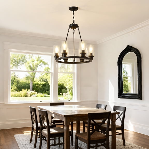 GDF Studio 6-Light Wagon Wheel Chandelier with Seeded Glass, Rustic Farmhouse Ceiling Light, Matte Black+Wood