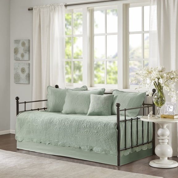 GDF Studio 6-Piece Reversible Scalloped Edge Daybed Cover with Pillow & Shams, Quilted Twin Size Bedding Set, Seafoam