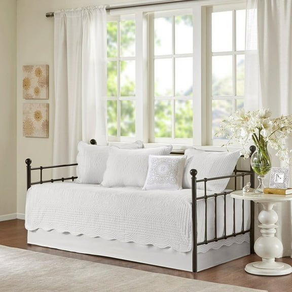 GDF Studio 6-Piece Reversible Scalloped Edge Daybed Cover with Pillow & Shams, Quilted Twin Size Bedding Set, White