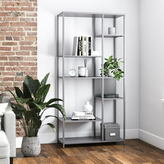 GDF Studio 6-Shelf Metal Bookcase Room Divider, Powder-Coated Storage Unit, Gray