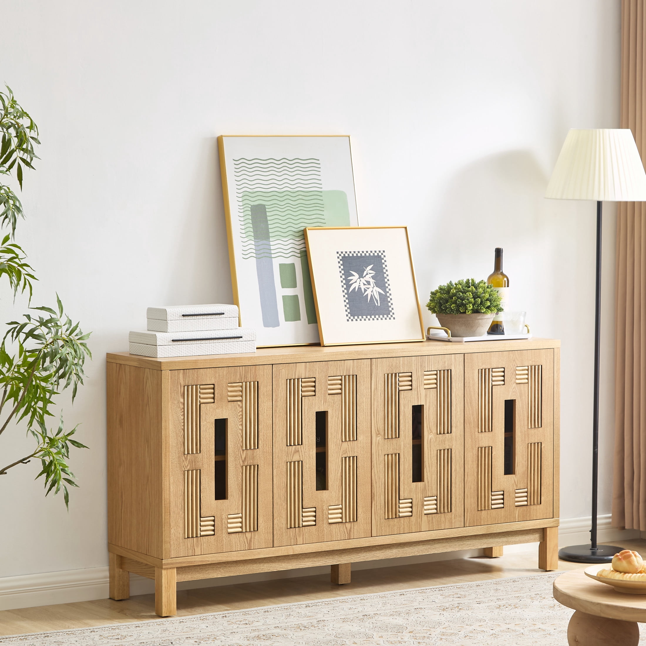 GDF Studio 60.7" Mid Century Modern Sideboard Cabinet with Doors, Adjustable Shelves, Carved Openwork, Natural