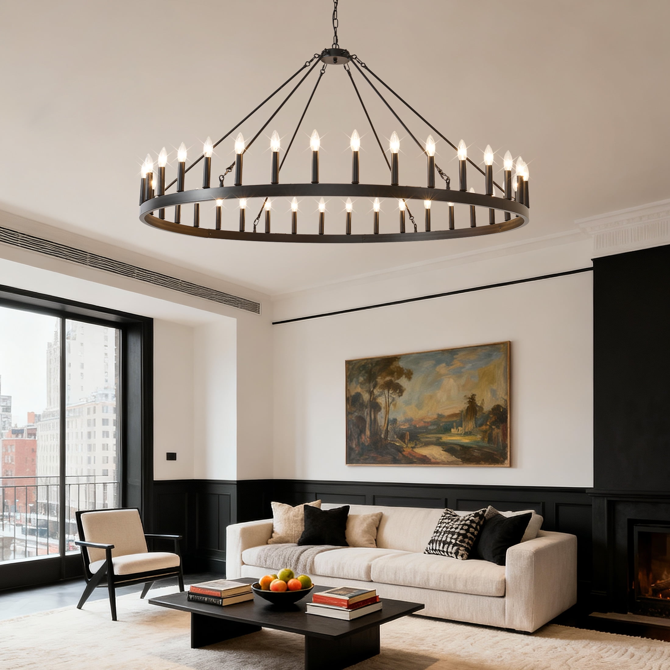 GDF Studio 60" Farmhouse Wagon Wheel Chandelier, 36-Light Adjustable Chain Ceiling Light, Matte Black
