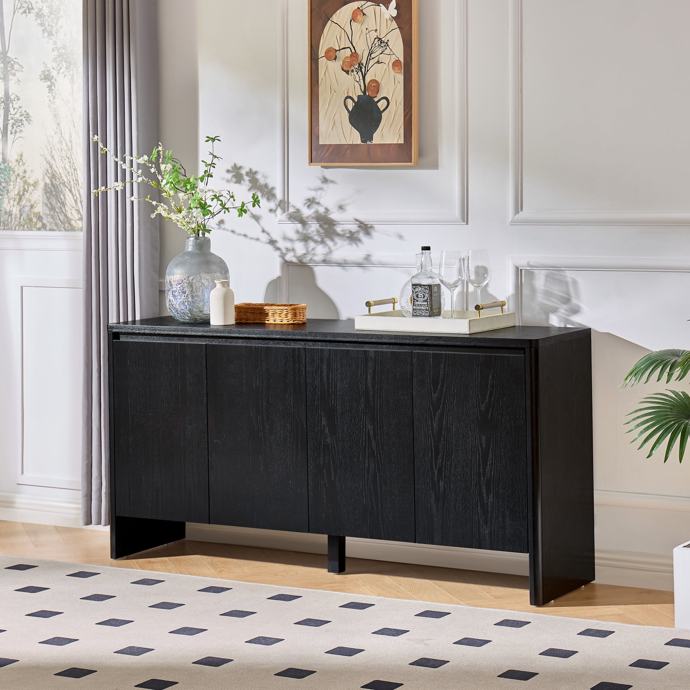 GDF Studio 61.1-Inch Mid-Century Sideboard Buffet Cabinet with Adjustable Shelves, Outlet Holes, Black