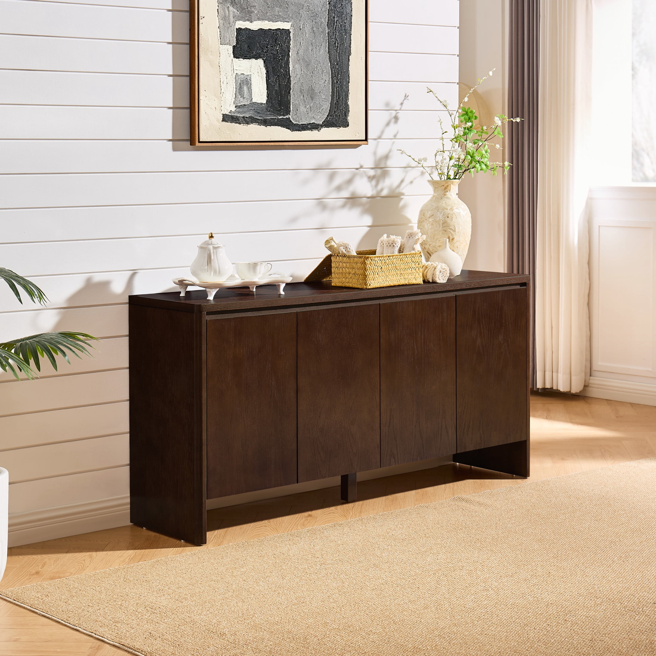 GDF Studio 61.1-Inch Mid-Century Sideboard Buffet Cabinet with Adjustable Shelves, Outlet Holes, Walnut