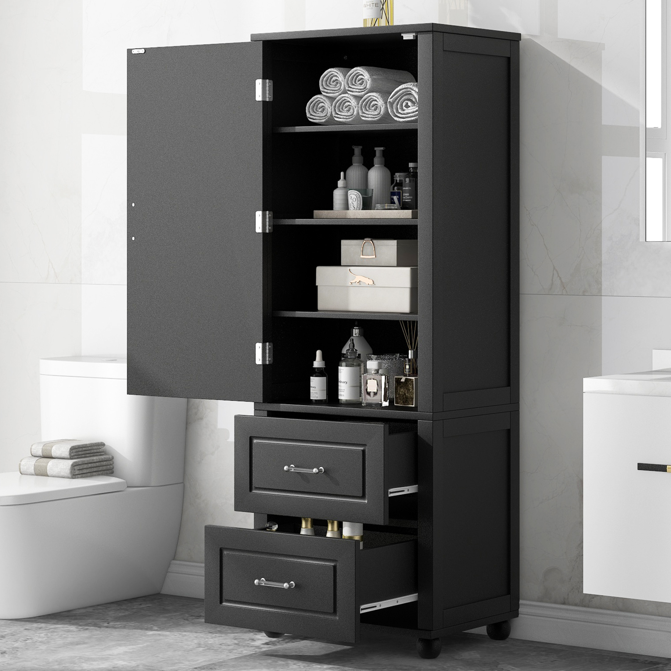 GDF Studio 61.4" Freestanding Storage Cabinet with 2 Drawers and Adjustable Shelf, Black