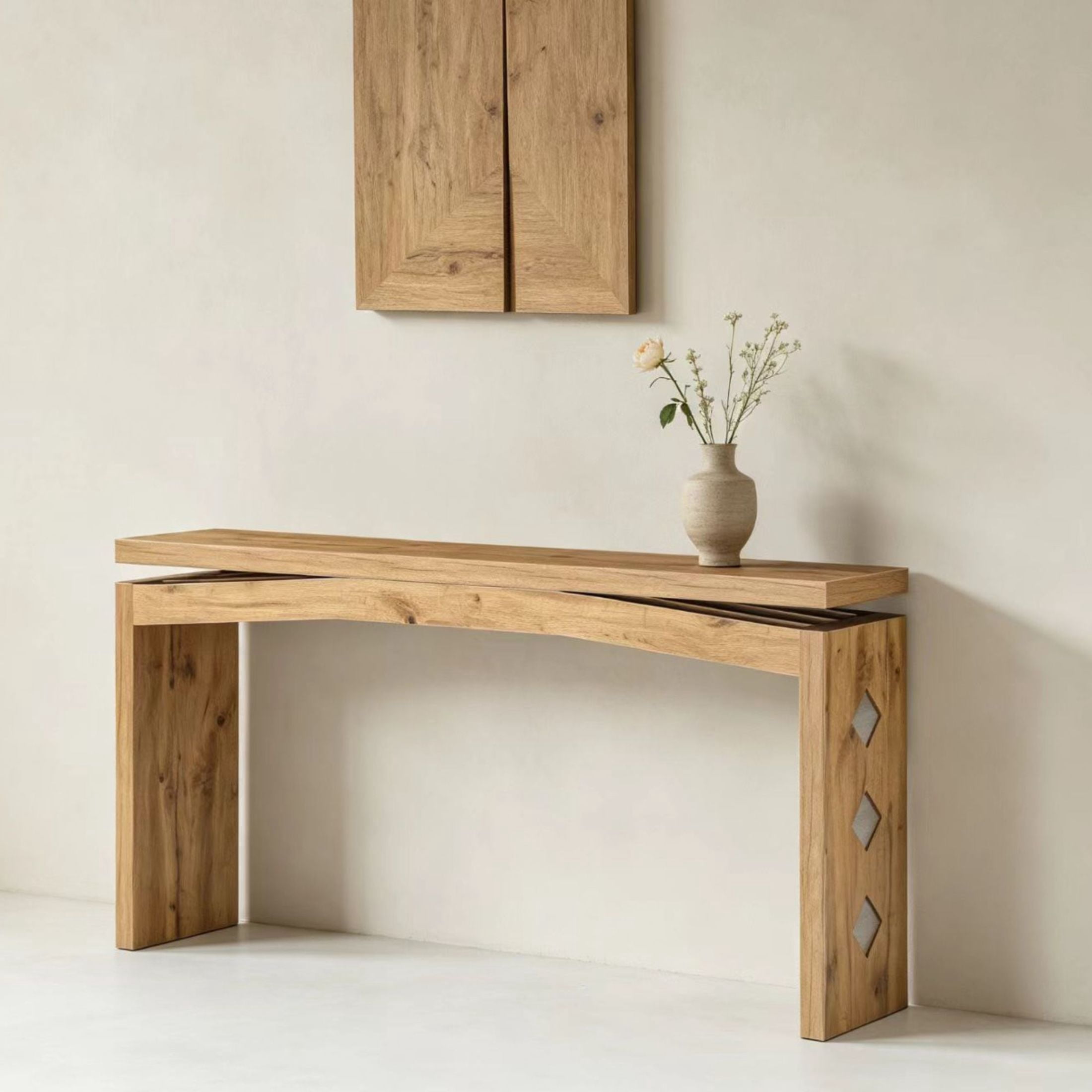 GDF Studio 62.2" Modern Console Table with Curved Apron & Geometric Inlay, Narrow Entryway Design, Natural