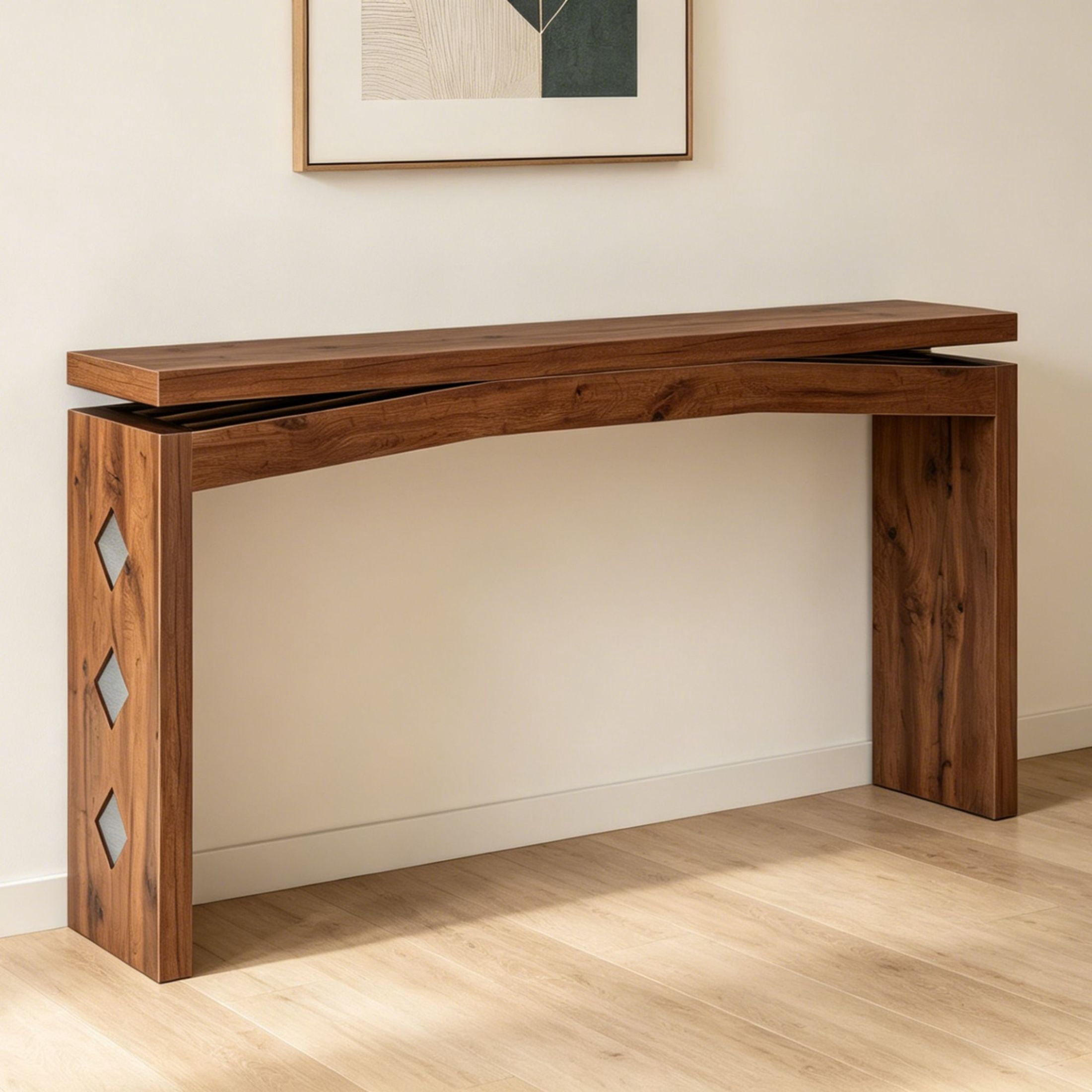 GDF Studio 62.2" Modern Console Table with Curved Apron & Geometric Inlay, Narrow Entryway Design, Walnut