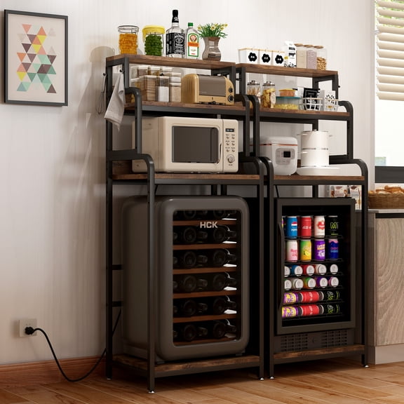 GDF Studio 62" 4-Tier Mini Fridge and Microwave Stand with AC Outlets and USB Ports, Heavy-Duty Kitchen Shelf, Walnut