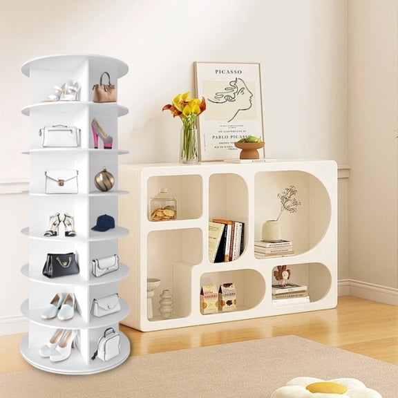 GDF Studio 63" 7-Tier Rotating Shoe Rack Tower, 360° Spinning Shoe Carousel Display, Space Saving Design, White