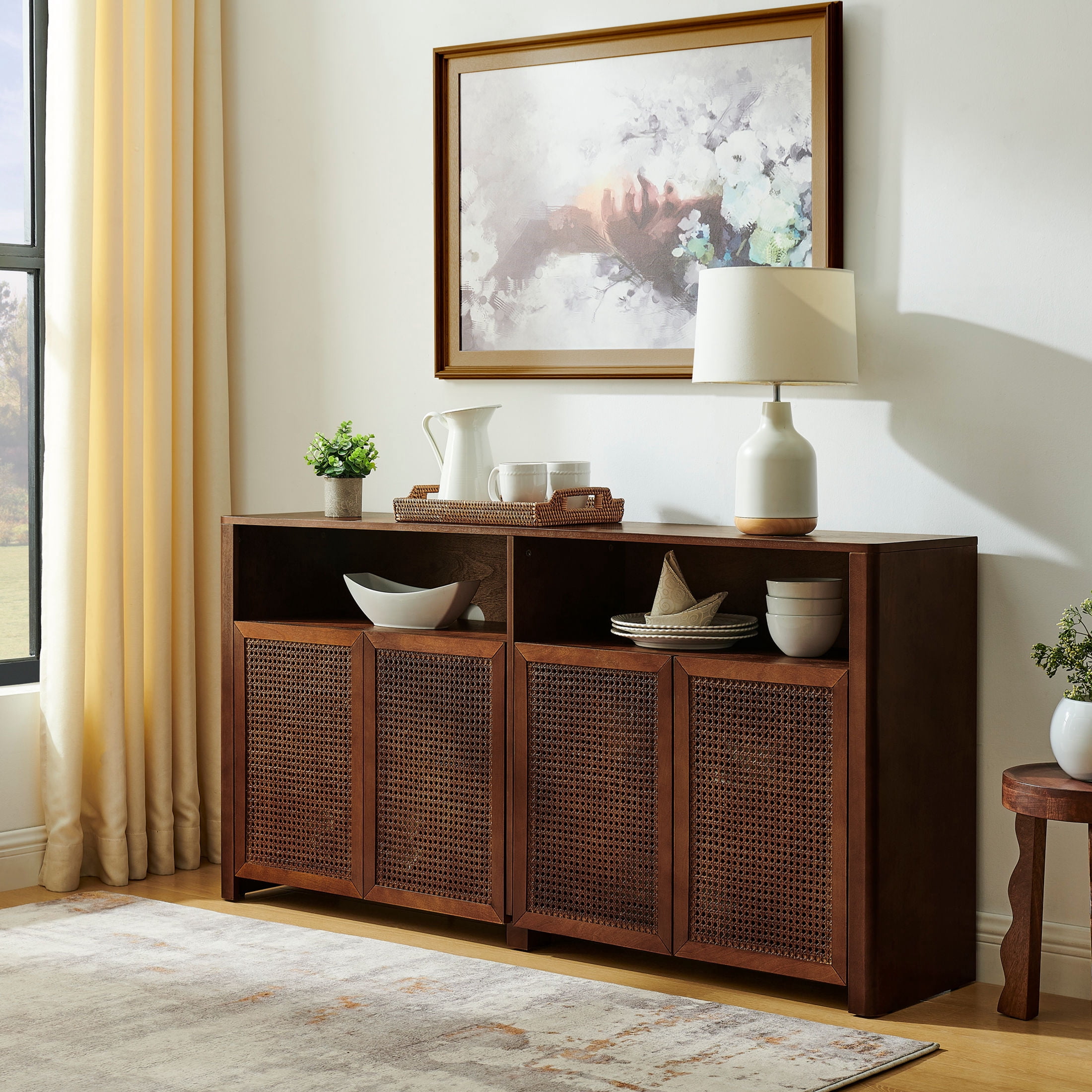 GDF Studio 63" Mid Century Modern Rattan Sideboard Buffet Cabinet with 4 Doors, Adjustable Shelves, Walnut