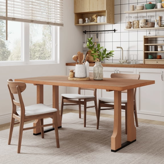 GDF Studio 63" Rectangular Dining Table for 6 People, Farmhouse Pedestal Base, Solid Wood Frame, Natural