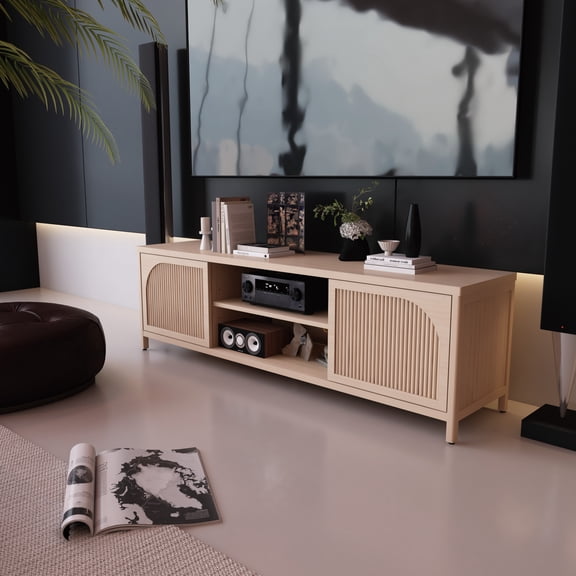 GDF Studio 63" TV Cabinet with Open Shelves, Bamboo Media Console Storage Stand, Natural