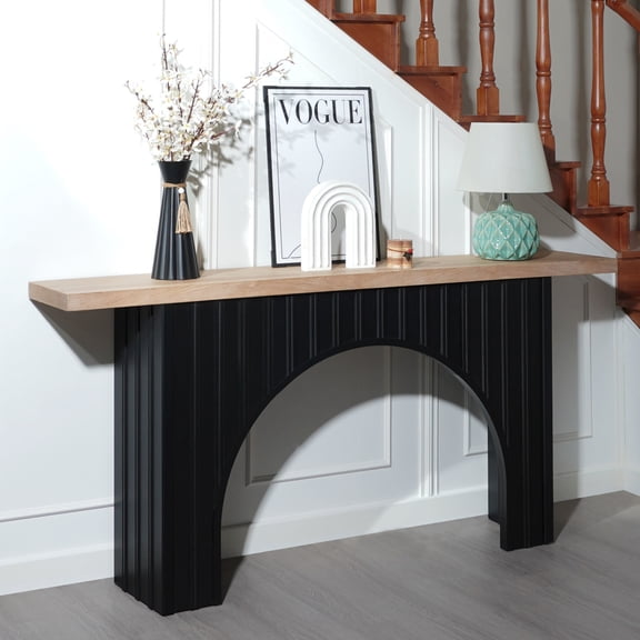 GDF Studio 66" Modern Console Table with Arch Base, Wooden Entryway Table, Black and Natural