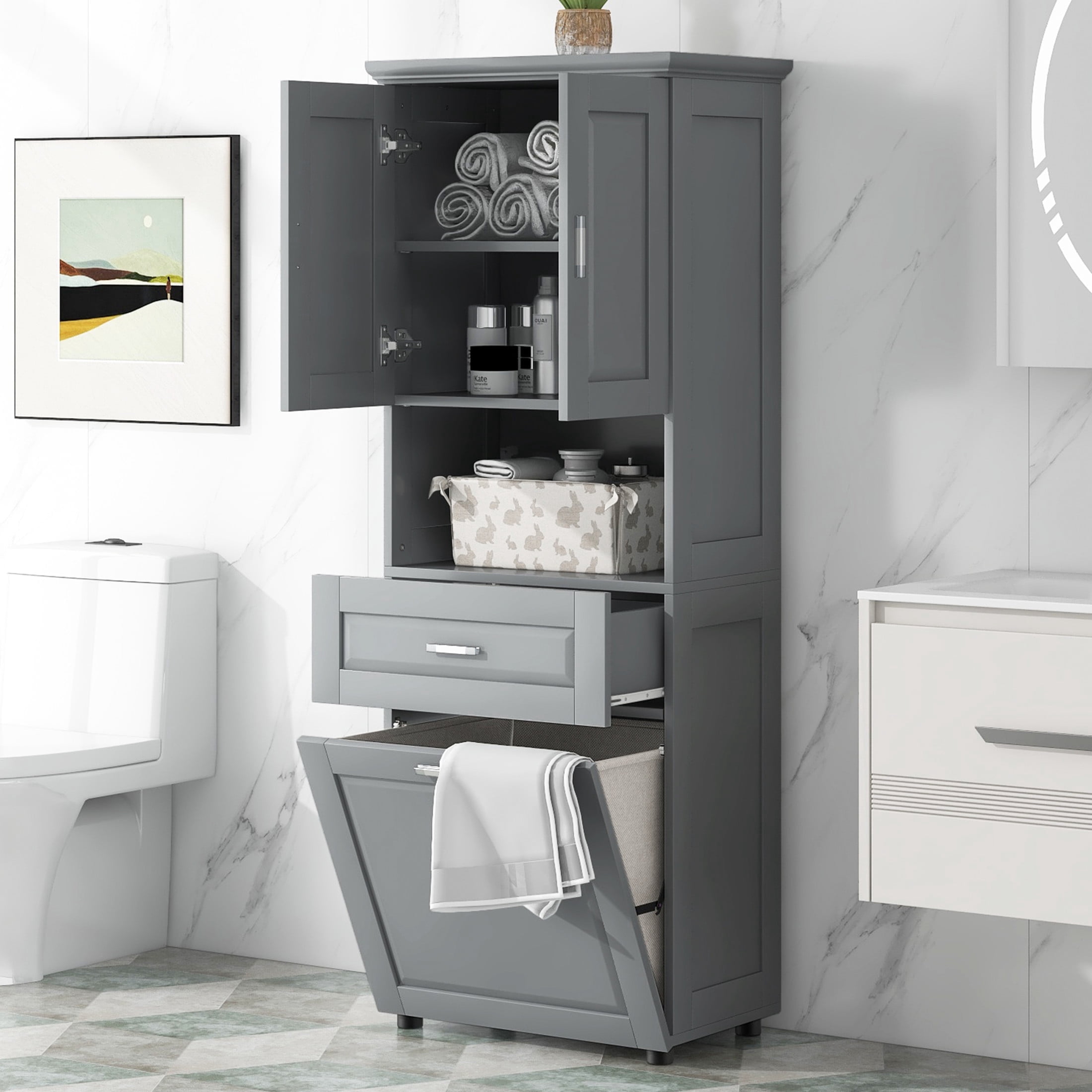 GDF Studio 69.9" Tall Bathroom Storage Cabinet with Tilt-Out Laundry Basket, 2 Doors, 2 Shelves and 1 Drawer, Gray