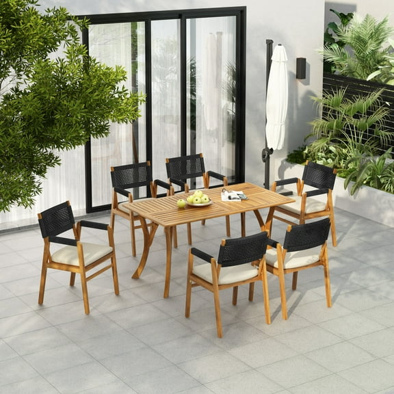 GDF Studio 7-Piece Acacia Wood Dining Set with Black Rope-Woven Chairs and Teak-Finish Table