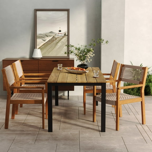 GDF Studio 7-Piece Acacia Wood Outdoor Dining Set with Rope Chairs and Rectangle Table, Grey Finish + Light Brown Rope