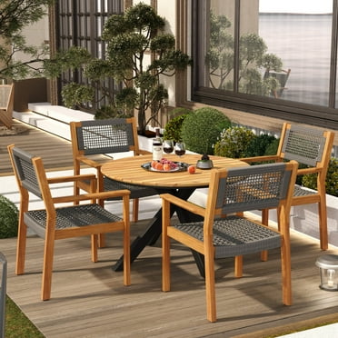 GDF Studio 7-Piece Acacia Wood Outdoor Dining Set with Rope Chairs and Round Table, Teak Finish + Dark Grey Rope