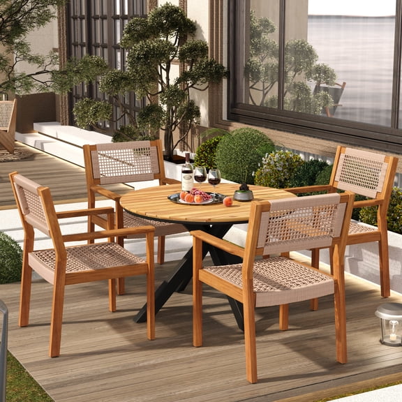 GDF Studio 7-Piece Acacia Wood Outdoor Dining Set with Rope Chairs and Round Table, Teak Finish + Light Brown Rope