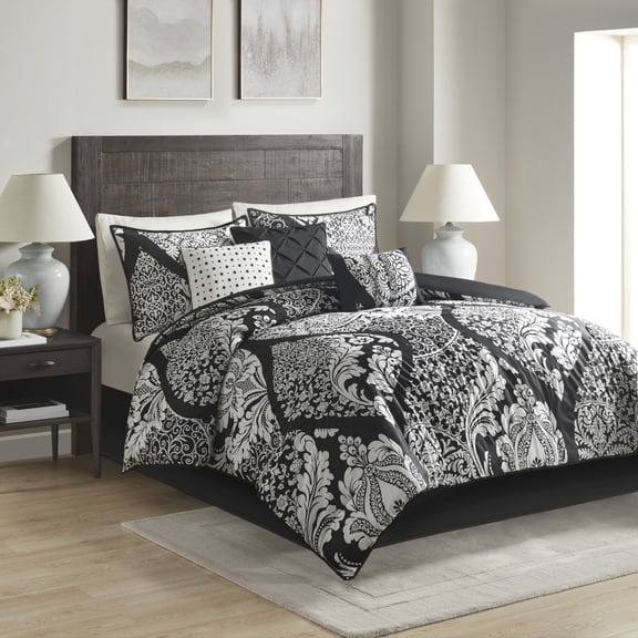 GDF Studio 7-Piece California King Comforter Set, Cotton Printed Damask Bedding with Embroidered Pillows, Black