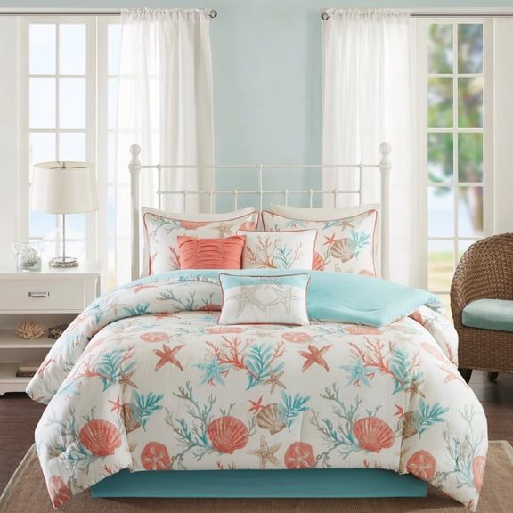 GDF Studio 7-Piece Cotton Sateen Coastal Comforter Set with Shell Print, King Size, Coral