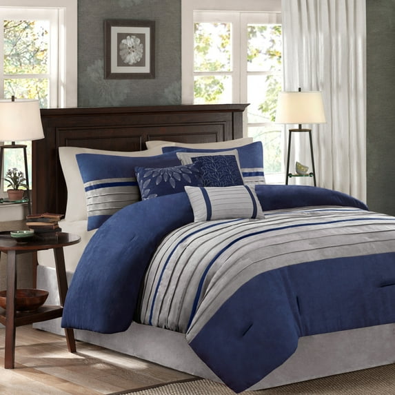 GDF Studio 7-Piece Cozy California King Comforter Set, Faux Suede Bedding Set with Embroidered Pillows, Blue