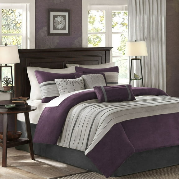 GDF Studio 7-Piece Cozy Full Comforter Set, Faux Suede Bedding Set with Embroidered Pillows, Purple