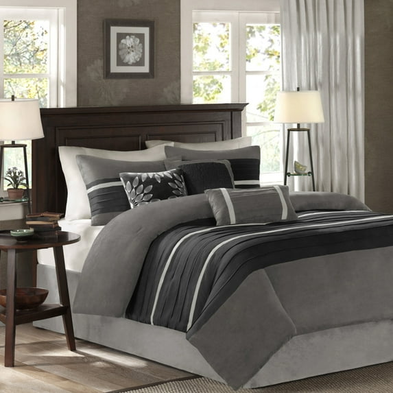 GDF Studio 7-Piece Cozy King Comforter Set, Faux Suede Bedding Set with Embroidered Pillows, Black