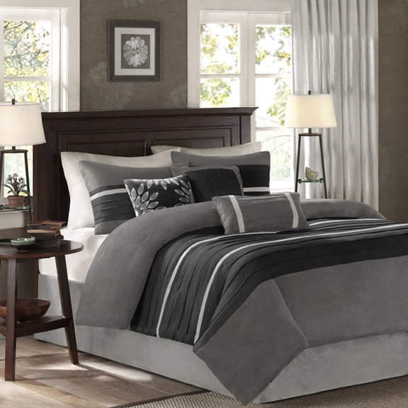 GDF Studio 7-Piece Cozy King Comforter Set, Faux Suede Bedding Set with Embroidered Pillows, Black