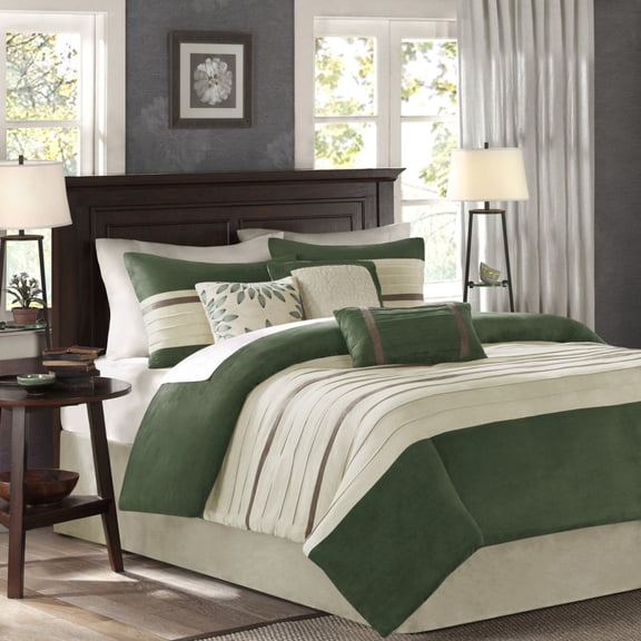 GDF Studio 7-Piece Cozy Queen Comforter Set, Faux Suede Bedding Set with Embroidered Pillows, Green